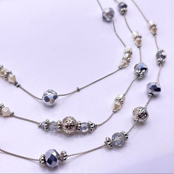 Triple Strand Silver Tone Layered Beaded Necklace - NWT - Picture 4 of 5